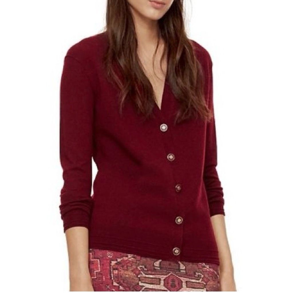 Tory Burch Madison Merino Wool Logo Button Cardigan Size Xs Cherry Maroon Red